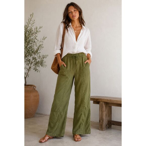 Time and Tru Pants - Time and Tru Linen Blend Pants Women M Olive Green Pull On Wide Leg Casual Boho